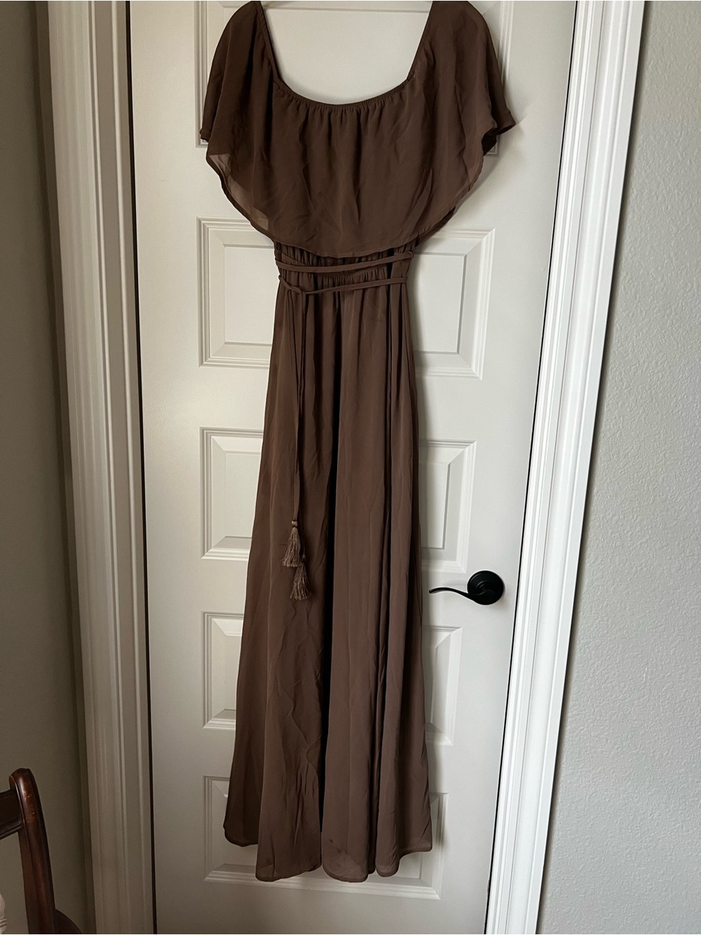 Victoria Off Shoulder Maxi Dress from Baltic Born in Mocha with tassel tie